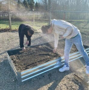 New Branches Charter Academy students work together in the school yard to plant and harvest native plants.