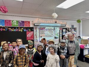 New Branches Charter Academy students celebrate their 100th day of school by dressing up as elderly people with their teacher.